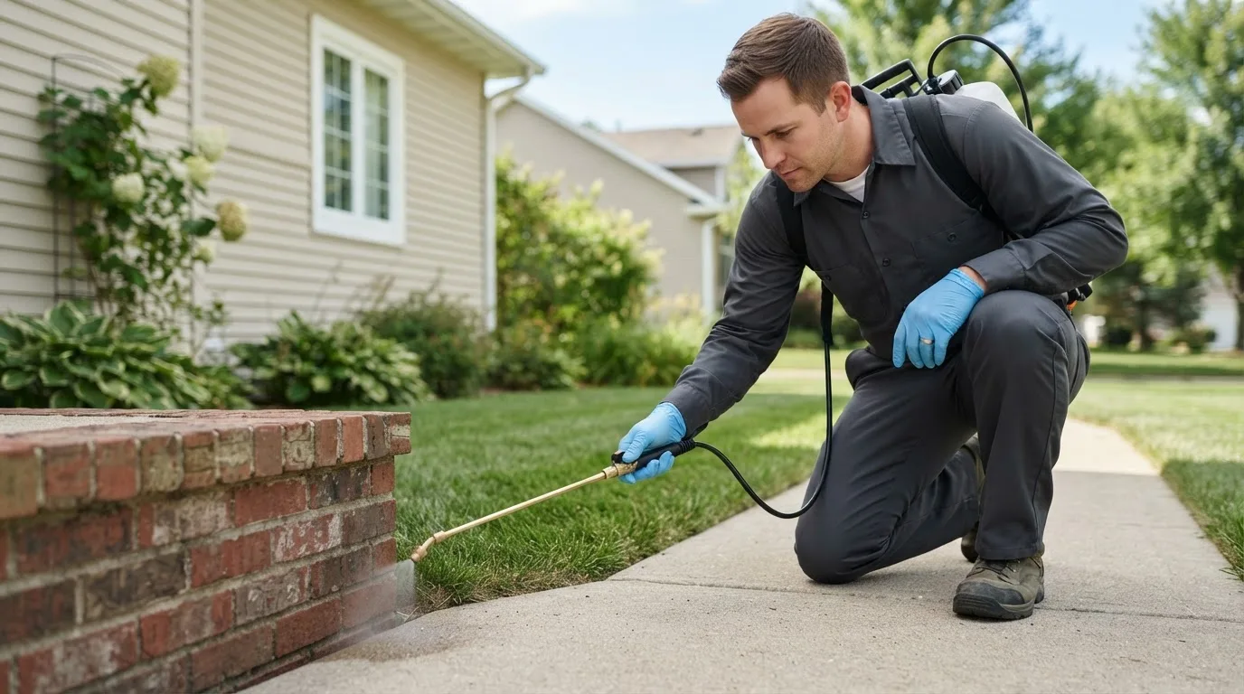 Pest control technician treating a home near Sangerville, ME