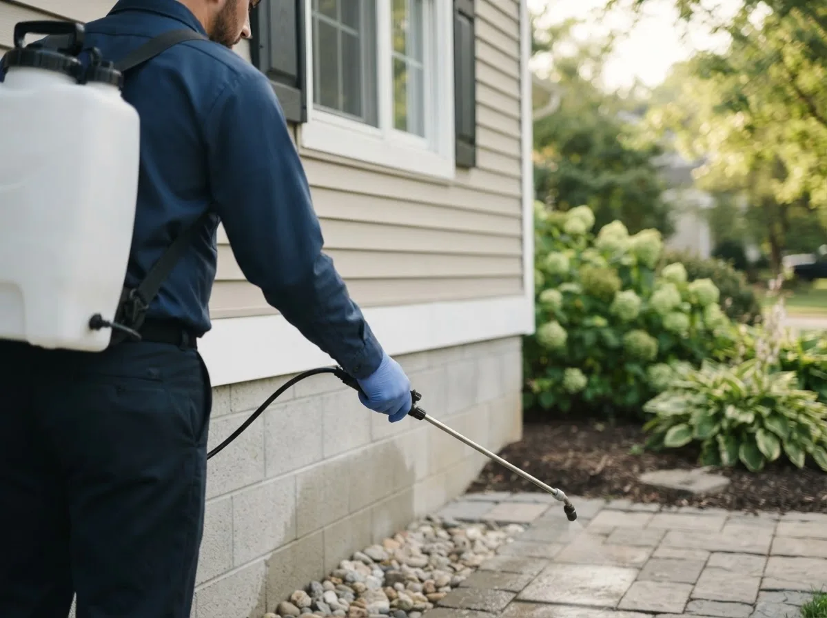 Pest control technician inspecting a home in Sangerville, ME